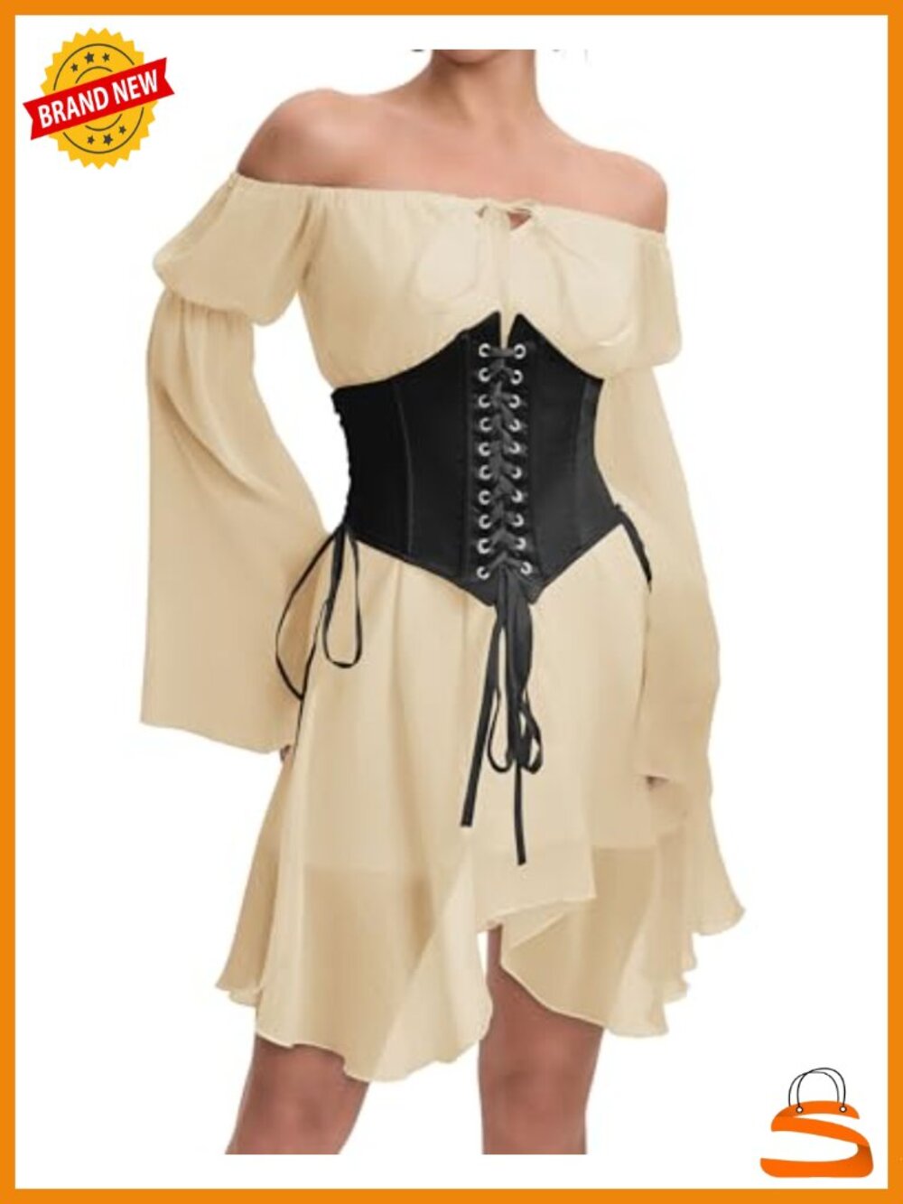 Two Piece Corset Dress Off Shoulder Bell Sleeve Lace Up Bustier Set